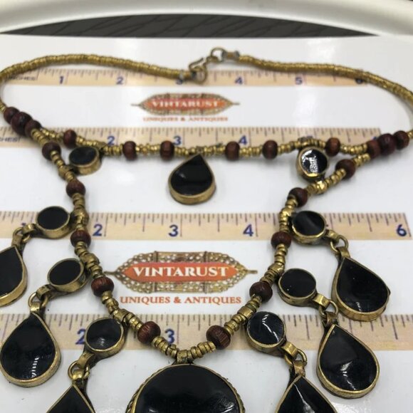 Two Layers Tribal Stones Vintage Necklace, Afghan Metal and Wooden Beaded Chain - Picture 4 of 7